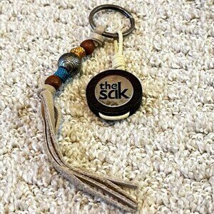 The Sak Keychain/Purse Charm Indio Western Leather Beaded Ivory Blue Brown Retro